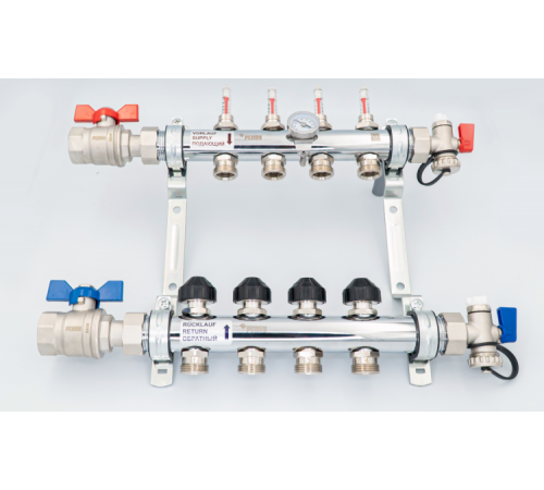 Коллектор, 1", HKV-D 10, выход-3/4" ЕК, PN, бар-6, T°C +70, с шаровыми кранами и расходомерами, нержавеющая сталь
