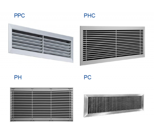 AGS, PH, PC, PM, PPC, PHC, PPBC, PBHC, Решетки вентиляционные, Trox, с горизонтальными или вертикальными ламелями, подвижными или неподвижными, с рамками или для скрытого монтажа