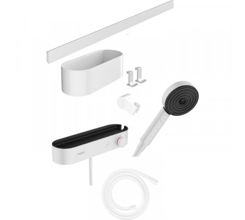 Душевой комплект, Hansgrohe, WallStoris, ручной душ, термостат, шланг для душа, штанга, корзина для хранения, крючок, держатель, цвет-белый матовый