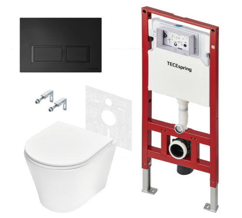 Комплект, TECE, TeceSpring K, подвесной, шгв 360*480*350, цвет унитаза-белый, цвет сиденья-белый, цвет клавиши-черный матовый