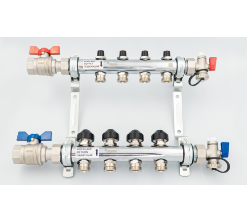 Коллектор, 1", HKV 2, выход-3/4" ЕК, PN, бар-10, T°C +95, с шаровыми кранами и запорно-регулирующими вентилями, нержавеющая сталь